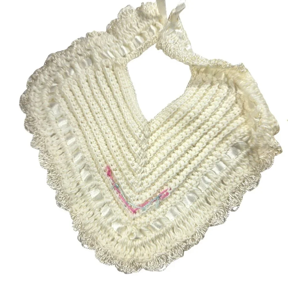 Set Of 3 Vtg Baby Bibs Quilted Crochet Lace Handmade White Pink Blue Accents